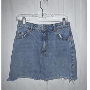 Topshop‎ Moto Denim Mini Skirt Frayed Hem Blue Jean Skirt Size 10